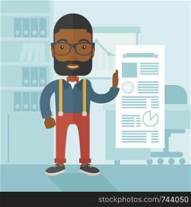 A happy black man standing inside his office showing his complete paper works report on time. Achievemnet concept. A Contemporary style with pastel palette, soft blue tinted background. Vector flat design illustration. Square layout. . Black man happy standing inside his office.