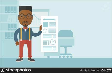 A happy black man standing inside his office showing his complete paper works report on time. Achievemnet concept. A Contemporary style with pastel palette, soft blue tinted background. Vector flat design illustration. Horizontal layout with text space in right side.. Black man happy standing inside his office.