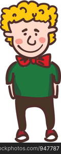 A happy boy wearing green sweater red bow neck tie and shoe vector color drawing or illustration