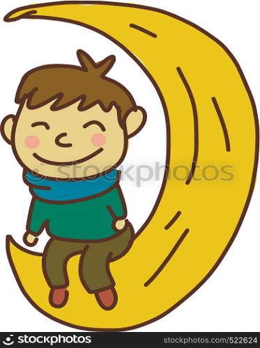 A happy boy with pink cheeks, green shirt and blue scarf sitting at the moon, cartoon, vector, color drawing or illustration.