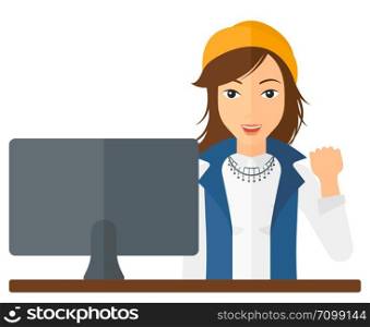 A happy business woman expressing great satisfaction while looking at a computer monitor vector flat design illustration isolated on white background. . Cheerful successful woman.
