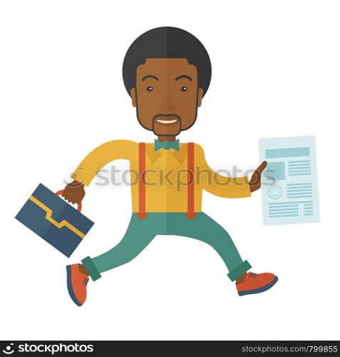A happy businessman holding a bag and signed contract paper for his business. A Contemporary style. Vector flat design illustration isolated white background. Square layout. Businessman with bag and paper.