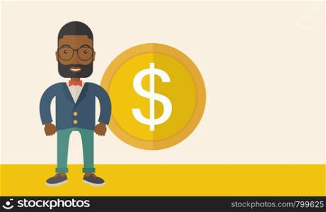 A happy businessman standing with a big dollar coin beside him as a sign of his success in business. Business growth concept. A Contemporary style with pastel palette, soft beige tinted background. Vector flat design illustration. Horizontal layout with text space in right side.. Happy businessman standing with a big dollar coin beside him.