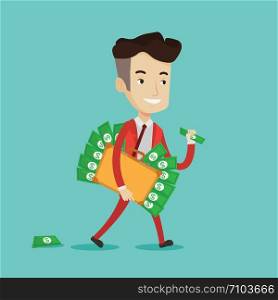 A happy businessman walking with suitcase full of money. Smiling businessman holding briefcase full of money. Businessman with money in his bag. Vector flat design illustration. Square layout.. Businessman with suitcase full of money.