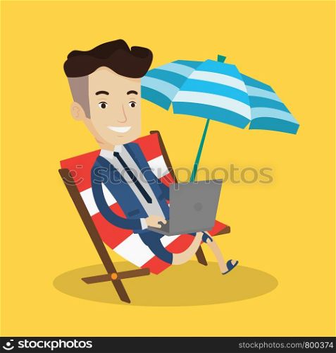 A happy businessman wearing suit working on the beach. Businessman sitting in chaise lounge under beach umbrella and working on a laptop. Vector flat design illustration. Square layout.. Businessman working with laptop on the beach.