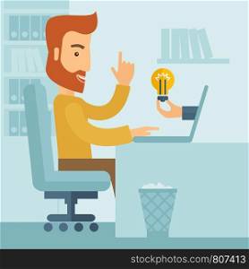 A happy businessman with beard sitting while working infront of his desk getting a brilliant idea for business from the laptop. Business concept. A contemporary style with pastel palette soft blue tinted background. Vector flat design illustration. Square layout. . Businessman working.