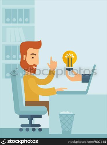 A happy businessman with beard sitting while working infront of his desk getting a brilliant idea for business from the laptop. Business concept. A contemporary style with pastel palette soft blue tinted background. Vector flat design illustration. Vertical layout with text space upper right side.. Businessman working.