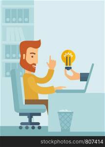 A happy businessman with beard sitting while working infront of his desk getting a brilliant idea for business from the laptop. Business concept. A contemporary style with pastel palette soft blue tinted background. Vector flat design illustration. Vertical layout with text space upper right side.. Businessman working.