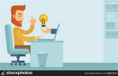 A happy businessman with beard sitting while working infront of his desk getting a brilliant idea for business from the laptop. Business concept. A contemporary style with pastel palette soft blue tinted background. Vector flat design illustration. Horizontal layout with text space in the middle.. Businessman working.