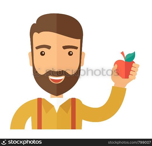 A happy caucasian businessman close up raising his arm while holding a red apple. The concept of success and good idea. A Contemporary style. Vector flat design illustration isolated white background. Square layout.. Happy man holding a red apple.