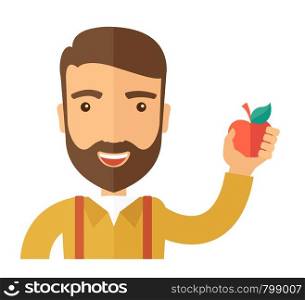 A happy caucasian businessman close up raising his arm while holding a red apple. The concept of success and good idea. A Contemporary style. Vector flat design illustration isolated white background. Square layout.. Happy man holding a red apple.