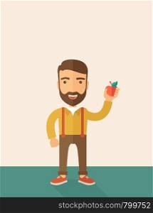 A happy caucasian businessman standing raising his arm while holding a red apple. The concept of success and good idea. A Contemporary style with pastel palette, soft beige tinted background. Vector flat design illustration. Vertical layout with text space on top part.. Happy man holding a red apple.