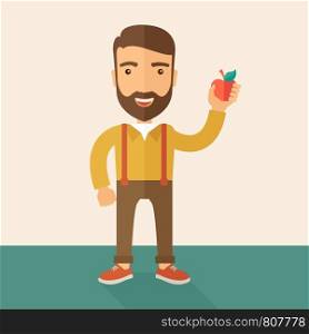 A happy caucasian businessman standing raising his arm while holding a red apple. The concept of success and good idea. A Contemporary style with pastel palette, soft beige tinted background. Vector flat design illustration. Square layout.. Happy man holding a red apple.