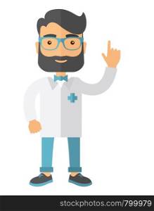 A happy caucasian doctor dressed in a white lab coat. A Contemporary style. Vector flat design illustration isolated white background. Vertical layout.. Doctor dressed in a white lab coat.