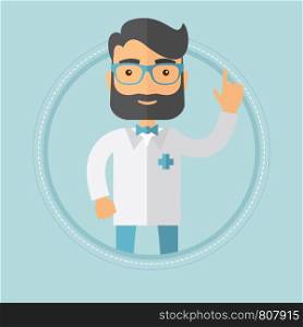 A happy caucasian hipster doctor with the beard showing finger up. Smiling doctor in medical gown pointing finger up. Vector flat design illustration in the circle isolated on background.. Doctor showing finger up vector illustration.