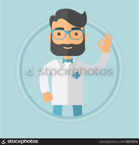 A happy caucasian hipster doctor with the beard showing ok sign. Smiling friendly doctor in medical gown gesturing ok sign. Vector flat design illustration in the circle isolated on background.. Doctor showing sign ok vector illustration.
