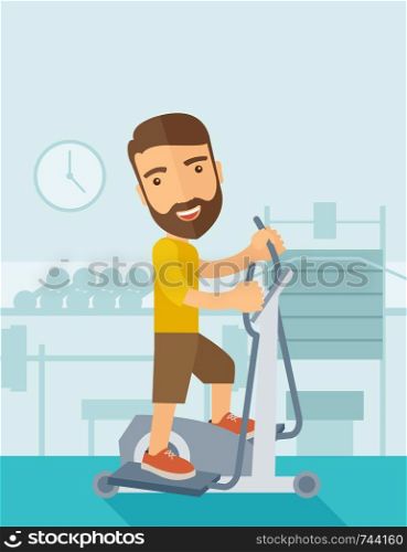 A happy caucasian in gym sport workout exercises. Contemporary style with pastel palette, soft blue tinted background. Vector flat design illustrations. Vertical layout with text space on top part.. Man in gym sport workout exercises.