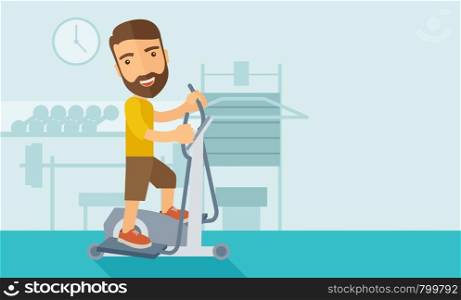 A happy caucasian in gym sport workout exercises. Contemporary style with pastel palette, soft blue tinted background. Vector flat design illustrations. Horizontal layout with text space in right side.. Man in gym sport workout exercises.