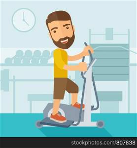 A happy caucasian in gym sport workout exercises. Contemporary style with pastel palette, soft blue tinted background. Vector flat design illustrations. Square layout.. Man in gym sport workout exercises.
