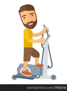 A happy caucasian in gym sport workout exercises. A Contemporary style. Vector flat design illustration isolated white background. Vertical layout.. Man in gym sport workout exercises.