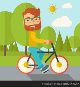 A happy caucasian riding a bicycle under the sun. Contemporary style with pastel palette, soft blue tinted background with desaturated cloud. Vector flat design illustrations. Square layout.. Man riding a bicycle.