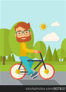 A happy caucasian riding a bicycle under the sun. Contemporary style with pastel palette, soft blue tinted background with desaturated cloud. Vector flat design illustrations. Vertical layout with text space on top part.. Man riding a bicycle.