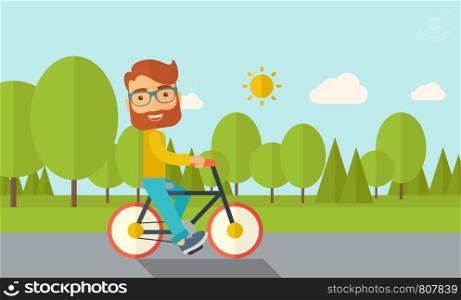 A happy caucasian riding a bicycle under the sun. Contemporary style with pastel palette, soft blue tinted background with desaturated cloud. Vector flat design illustrations. Horizontal layout.. Man riding a bicycle.