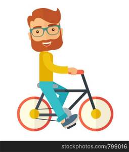 A happy caucasian riding a bicycle under the sun. A Contemporary style. Vector flat design illustration isolated white background. Square layout. Man riding a bicycle.