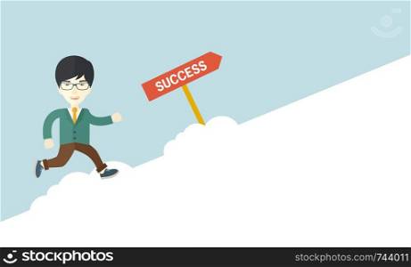 A happy chinese businessman smiling while jumping above the cloud for his succeess. Business growth concept. A Contemporary style with pastel palette, soft blue tinted background. Vector flat design illustration. Horizontal layout.. Successful businessman