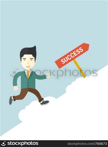 A happy chinese businessman smiling while jumping above the cloud for his succeess. Business growth concept. A Contemporary style with pastel palette, soft blue tinted background. Vector flat design illustration. Vertical layout with text space on top part.. Successful businessman