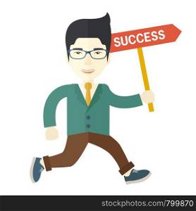 A happy chinese businessman smiling while jumping for his succeess. Business growth concept. A Contemporary style. Vector flat design illustration isolated white background. Square layout.. Successful businessman