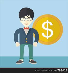 A happy chinese businessman standing with a big dollar coin beside him as a sign of his success in business. Business growth concept. A Contemporary style with pastel palette, soft blue tinted background. Vector flat design illustration. Square layout. . Happy businessman standing with a big dollar coin beside him.