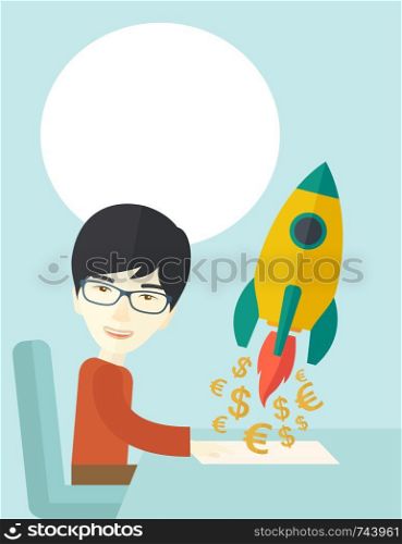 A happy chinese guy is ready for his presentation on launching a new business project to earn more money. Start up concept. A Contemporary style with pastel palette, soft blue tinted background. Vector flat design illustration. Vertical layout. . Chinese guy is happy to start up a new business.