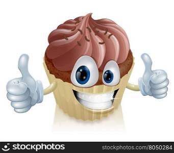 A happy chocolate cupcake mascot smiling with a double thumbs up