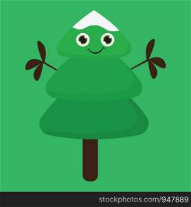 A happy Christmas tree in green colour with a happy smile , vector, color drawing or illustration.