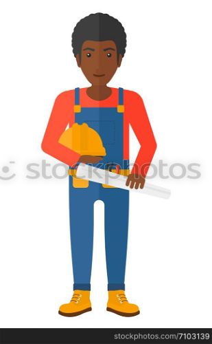A happy engineer holding a hard hat and a twisted blueprint in hands vector flat design illustration isolated on white background. . Engineer with hard hat and blueprint.