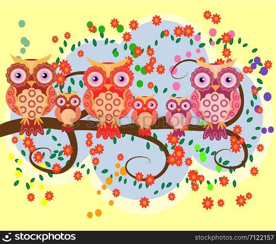 A happy family of owls on flowering tree branches, moms and children. Spring, summer, care. Mothers Day