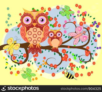 A happy family of owls on flowering tree branches, moms and children. Spring, summer, care. Mothers Day