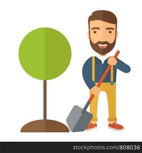 A happy gardener planting a tree in his yard using shovel. A Contemporary style. Vector flat design illustration isolated white background. Square layout.. Gardener plant a tree