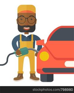 A happy gasoline boy filling up fuel into the car. A Contemporary style. Vector flat design illustration isolated white background. Vertical layout.. Gasoline boy filling up fuel.
