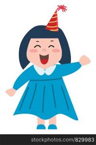 A happy girl dressed in blue with a red and yellow cone-shaped hat vector color drawing or illustration