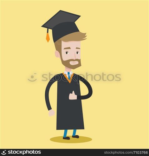 A happy graduate in cloak and graduation cap. A hipster graduate with the beard giving thumb up. Joyful graduate celebrating. Concept of education. Vector flat design illustration. Square layout.. Graduate giving thumb up vector illustration.