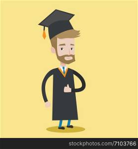 A happy graduate in cloak and graduation cap. A hipster graduate with the beard giving thumb up. Joyful graduate celebrating. Concept of education. Vector flat design illustration. Square layout.. Graduate giving thumb up vector illustration.