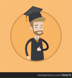 A happy graduate in cloak and graduation cap. A hipster graduate with the beard giving thumb up. Joyful graduate celebrating. Vector flat design illustration in the circle isolated on background.. Graduate giving thumb up vector illustration.
