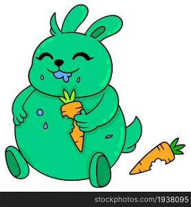a happy green fat bunny eating a carrot