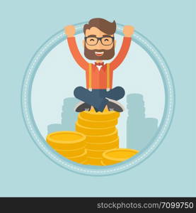 A happy hipster businessman with raised hands sitting on stack of golden coins. Successful business and cheerful leader concept. Vector flat design illustration in the circle isolated on background.. Happy businessman sitting on coins.