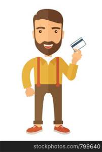 A happy hipster Caucasian businessman thankfully standing holding his credit card a credit card. Fulfillment concept. A contemporary style with pastel palette, beige tinted background. Vector flat design illustration.. Business man holding credit card