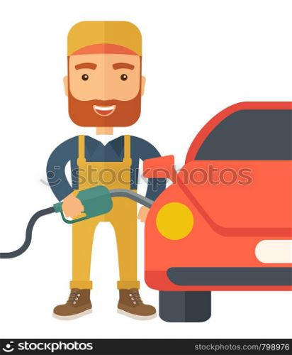 A happy hipster gasoline boy filling up fuel into the car. A Contemporary style. Vector flat design illustration isolated white background. Square layout . Gasoline boy filling up fuel.
