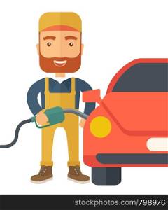 A happy hipster gasoline boy filling up fuel into the car. A Contemporary style. Vector flat design illustration isolated white background. Square layout . Gasoline boy filling up fuel.
