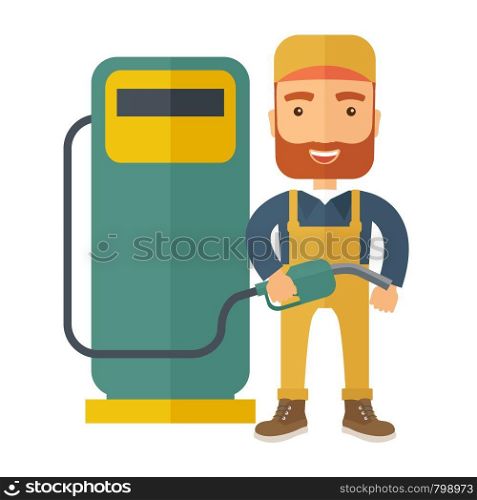 A happy hipster gasoline boy with gas pump. A Contemporary style. Vector flat design illustration isolated white background. Square layout . Gasoline boy with gas pump